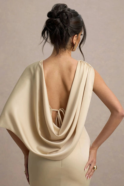 Daring Mermaid Asymmetrical Neck Draped Sleeve Open Back Floor Length Prom Dress by YiHuiw