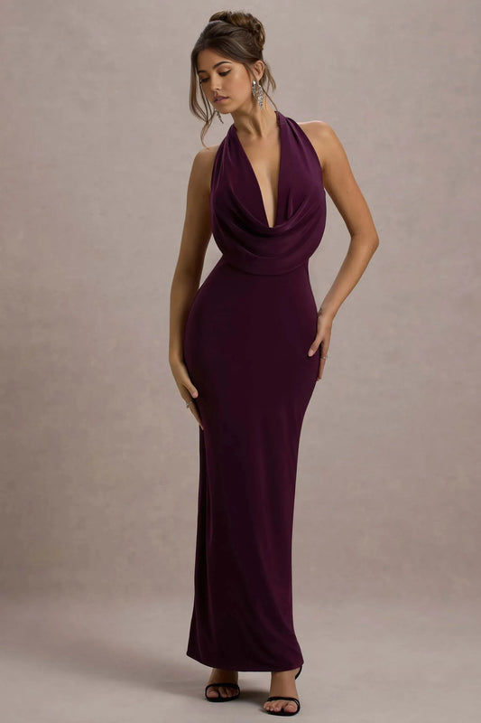 Daring Mermaid Cowl Halter Neck Sleeveless Open Back Floor Length Prom Dress by YiHuiw