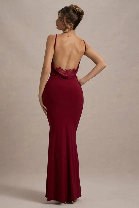 Daring Mermaid Cowl Neck Sleeveless Lace Accent Open Back Floor Length Prom Dress by YiHuiw