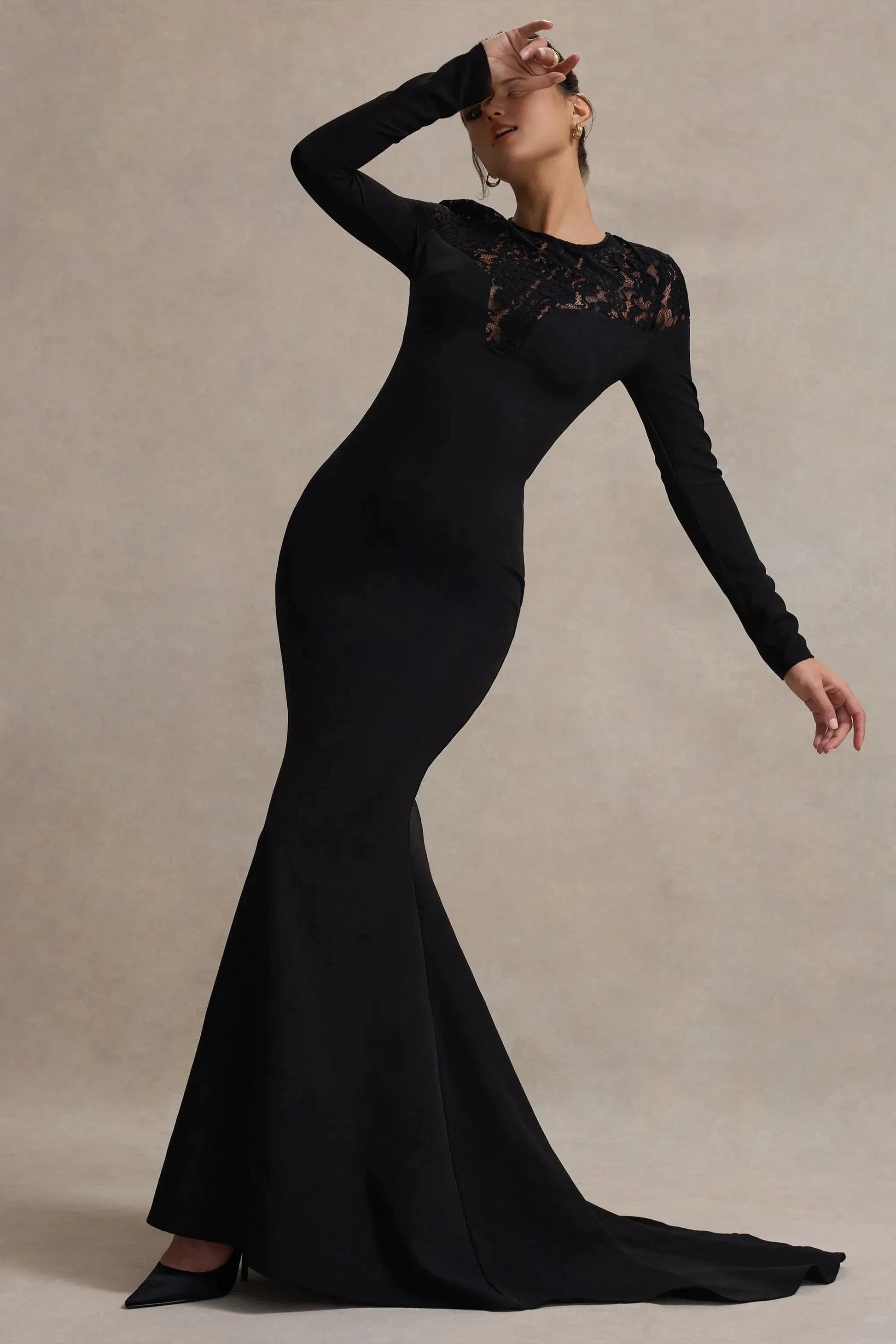 Daring Mermaid Crew Neck Long Sleeve Lace Accent Keyhole Back Floor Length Prom Dress by YiHuiw
