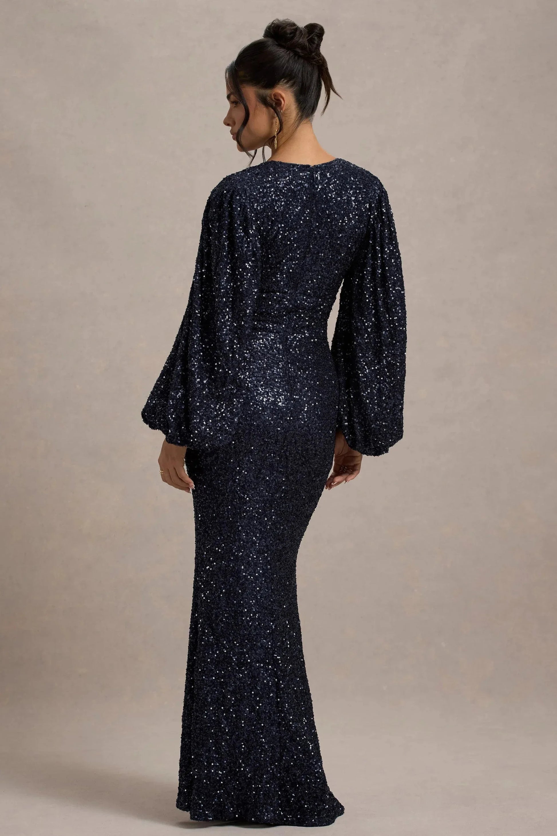 Daring Mermaid Deep V Neck Balloon Sleeve Sequin Accent Plus Size Floor Length Evening Dress by YiHuiw