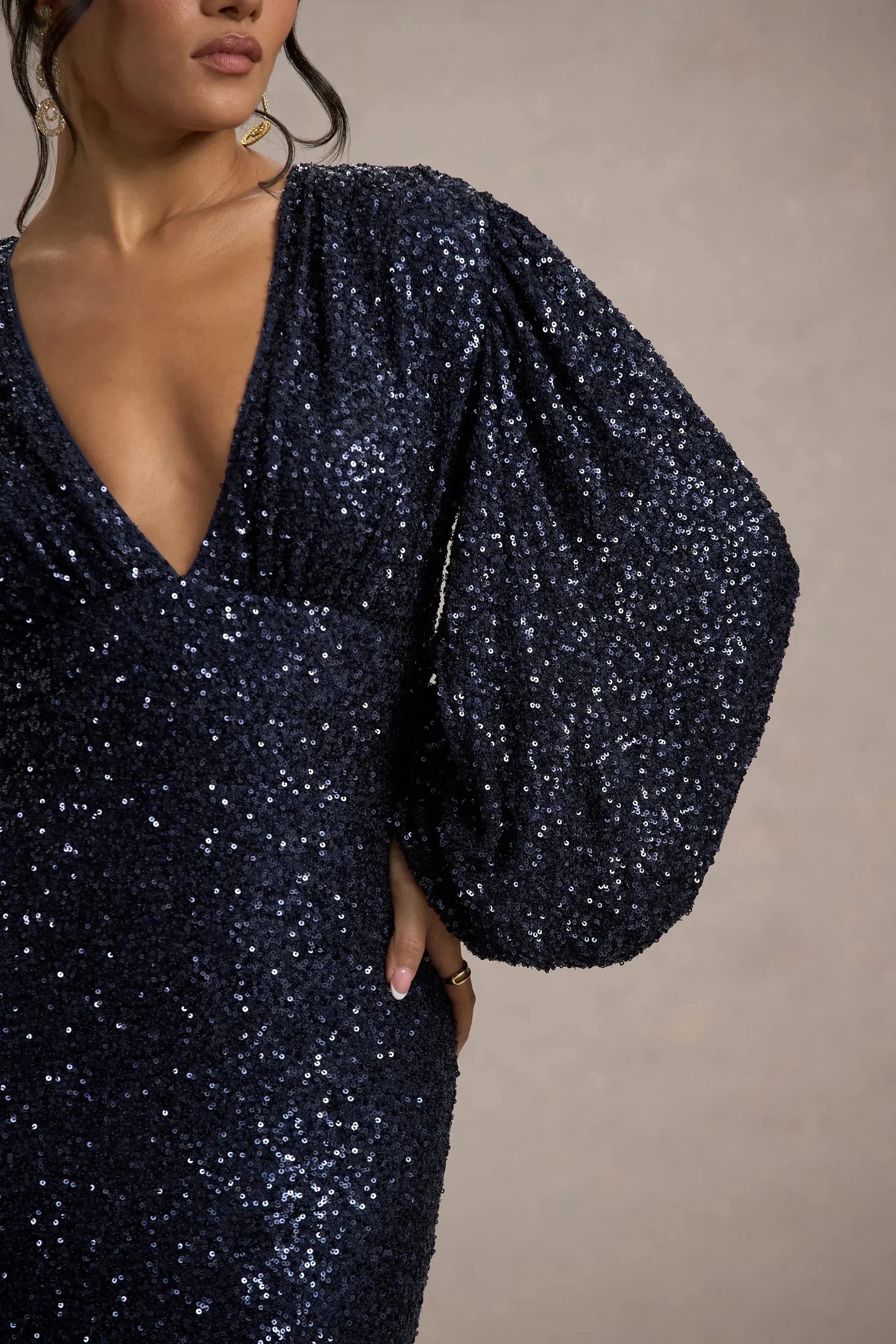 Daring Mermaid Deep V Neck Balloon Sleeve Sequin Accent Plus Size Floor Length Evening Dress by YiHuiw