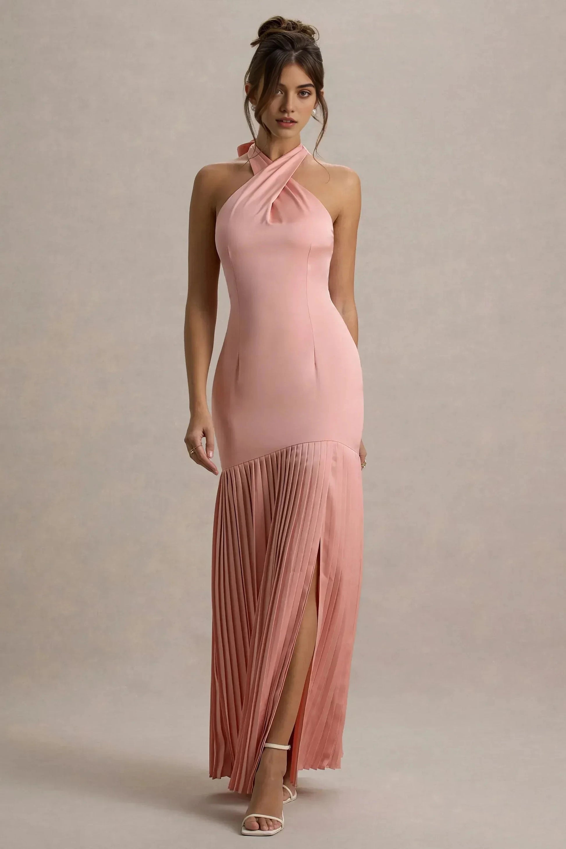 Daring Mermaid Halter Neck Crossed Accent Sleeveless Pleated Skirt Floor Length Prom Dress by YiHuiw