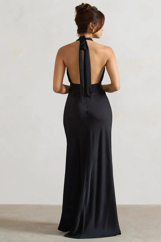 Daring Mermaid Halter Neck Plunge Front Sleeveless Open Back Floor Length Prom Dress by YiHuiw