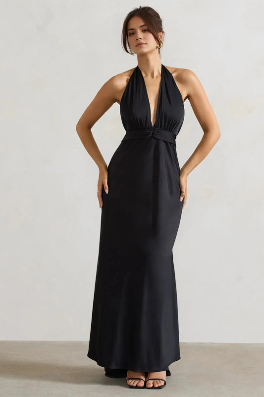 Daring Mermaid Halter Neck Plunge Front Sleeveless Open Back Floor Length Prom Dress by YiHuiw