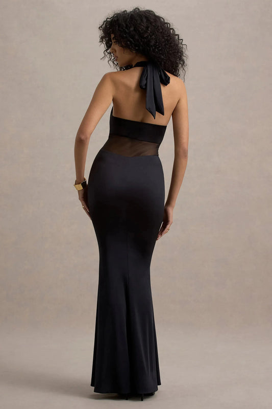 Daring Mermaid Halter Neck Sleeveless Knot Mesh Accent Floor Length Prom Dress by YiHuiw