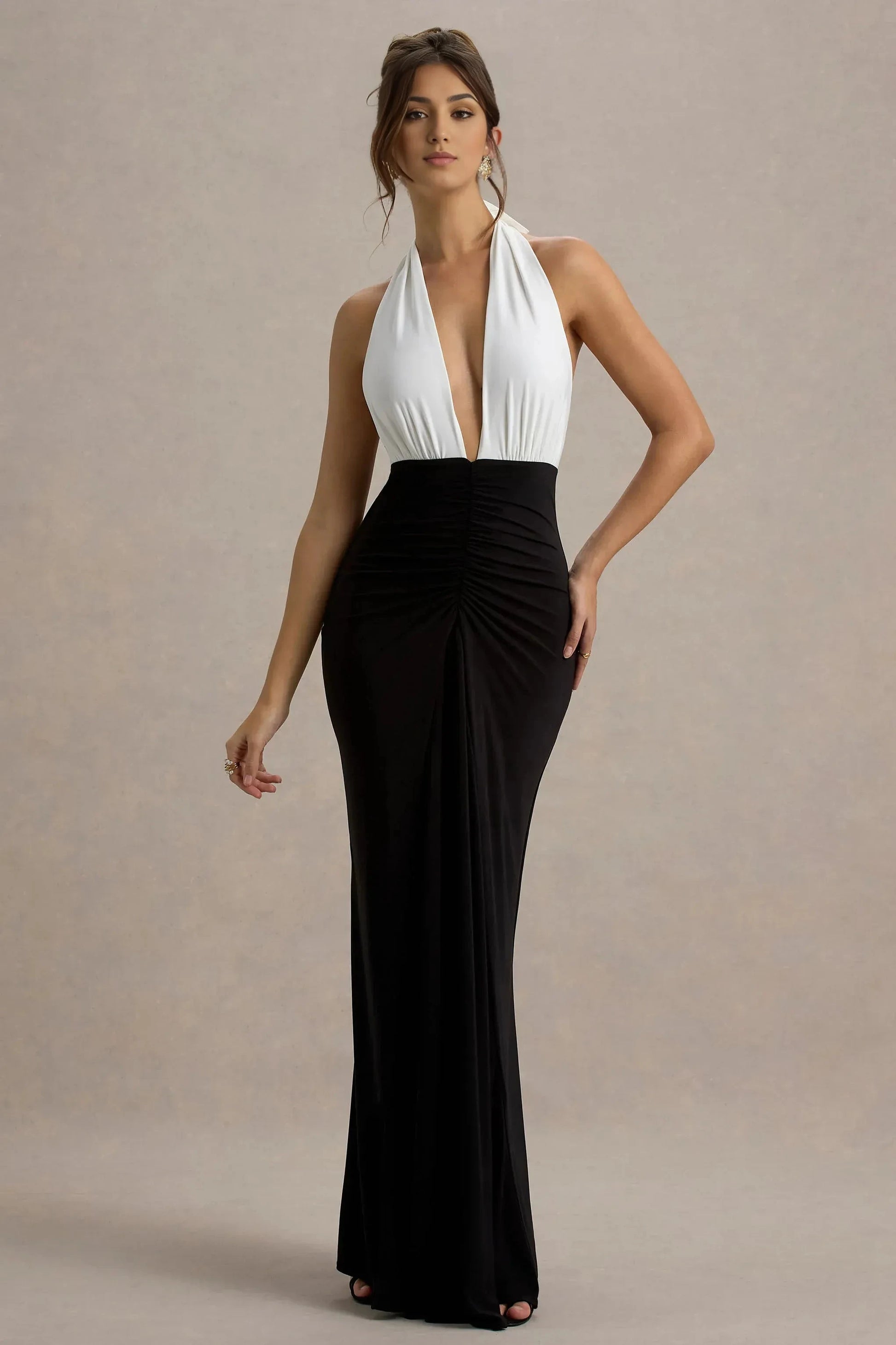 Daring Mermaid Halter Neck Sleeveless Ruched Two Tone Floor Length Evening Dress by YiHuiw