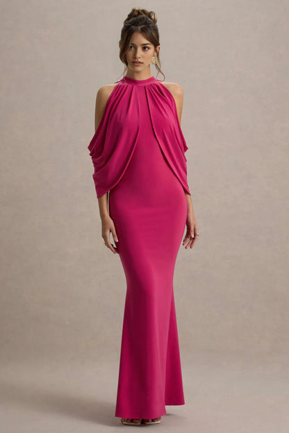 Daring Mermaid High Neck Draped Cold Shoulder Floor Length Prom Dress by YiHuiw