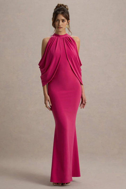 Daring Mermaid High Neck Draped Cold Shoulder Floor Length Prom Dress by YiHuiw