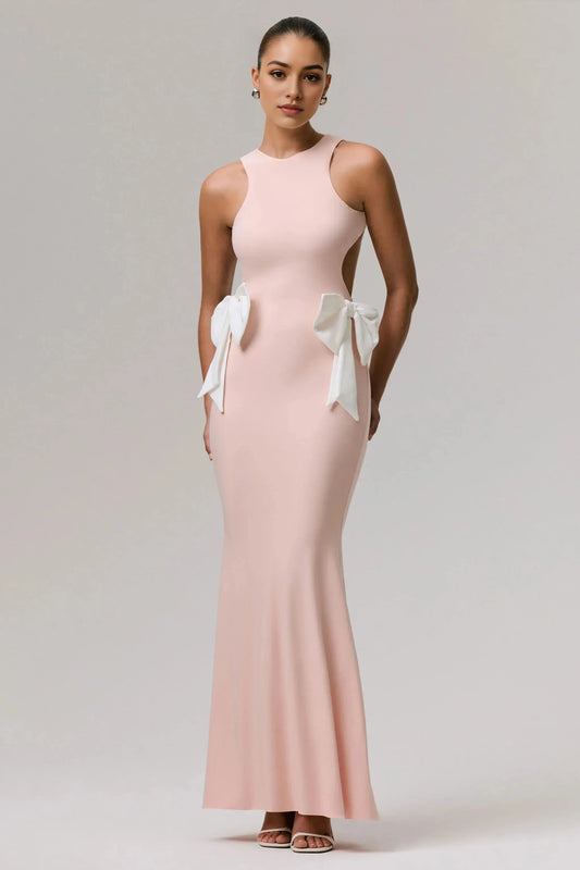 Daring Mermaid High Neck Sleeveless Cutout Back Bow Accent Floor Length Prom Dress by YiHuiw
