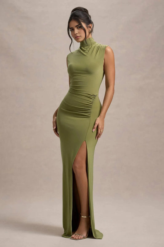 Daring Mermaid High Neck Sleeveless Ruched High Slit Floor Length Prom Dress by YiHuiw