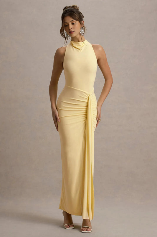 Daring Mermaid High Neck Sleeveless Ruched Side Tie Back Floor Length Prom Dress by YiHuiw
