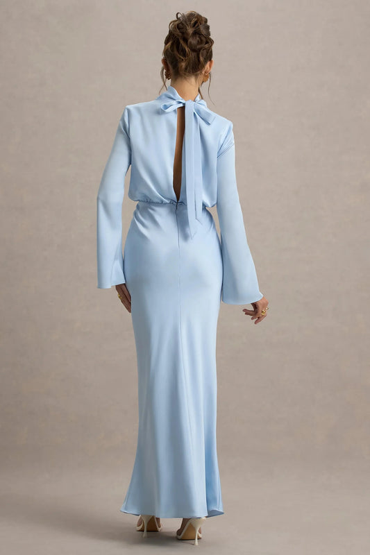 Daring Mermaid Mock Neck Bell Sleeve Tie Back Floor Length Prom Dress by YiHuiw