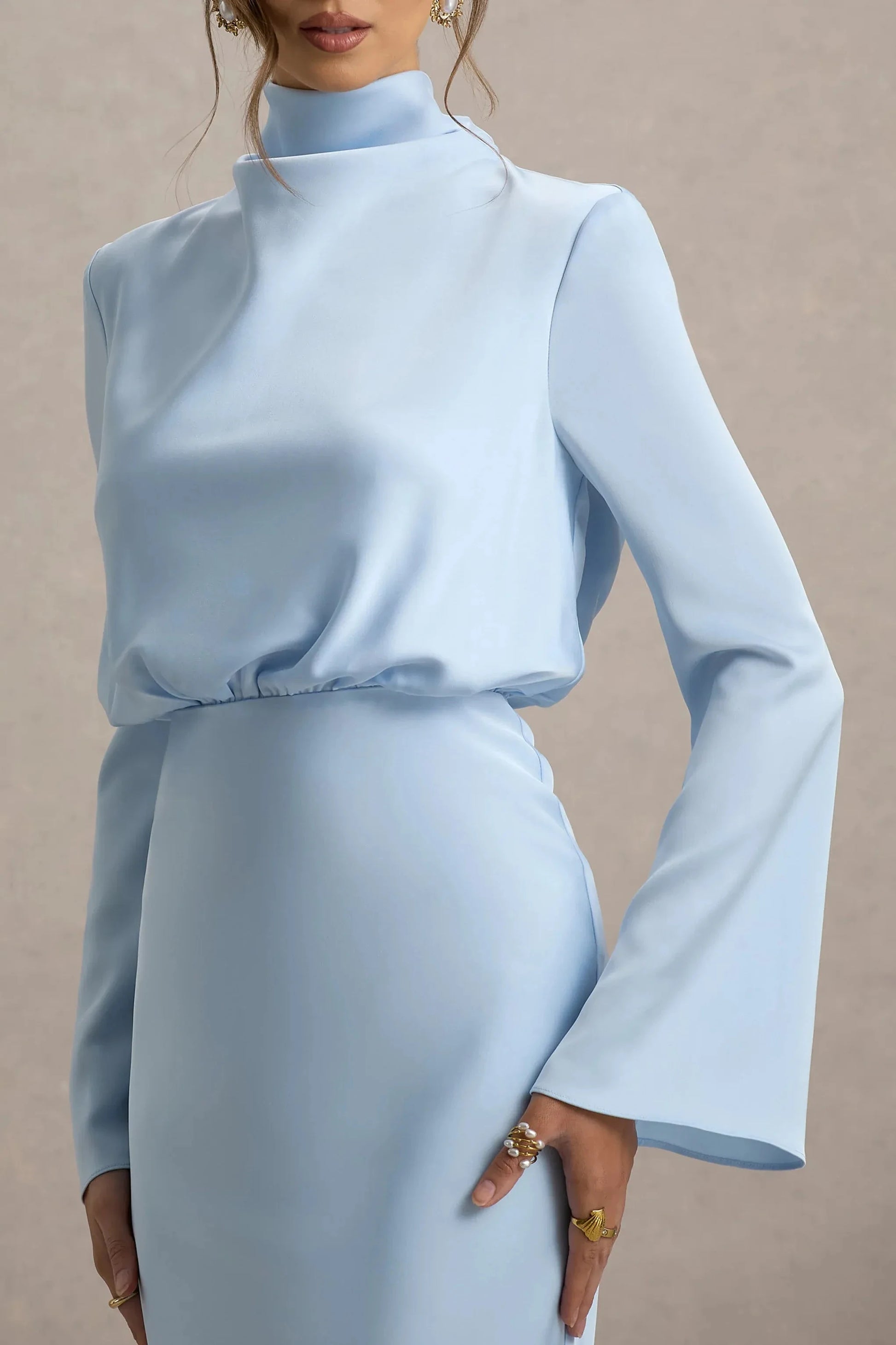 Daring Mermaid Mock Neck Bell Sleeve Tie Back Floor Length Prom Dress by YiHuiw