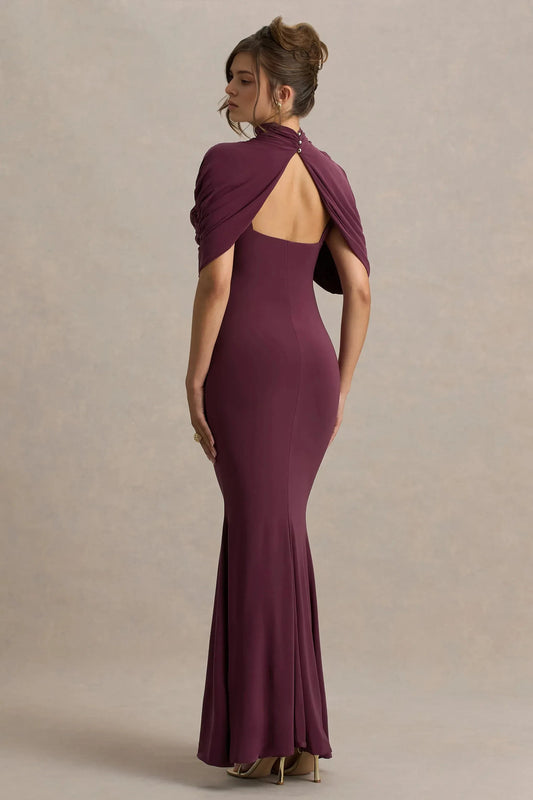 Daring Mermaid Mock Neck Draped Sleeve Open Back Floor Length Prom Dress by YiHuiw