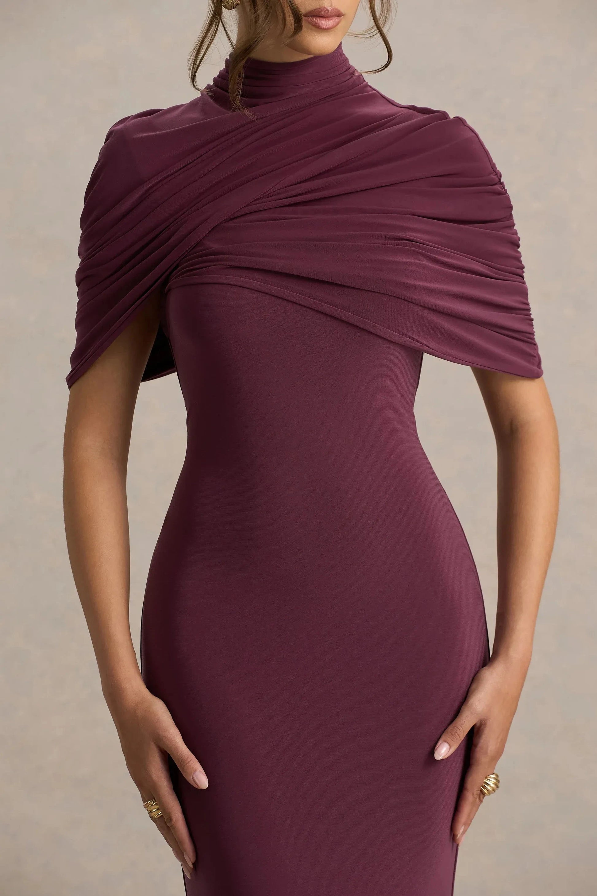 Daring Mermaid Mock Neck Draped Sleeve Open Back Floor Length Prom Dress by YiHuiw