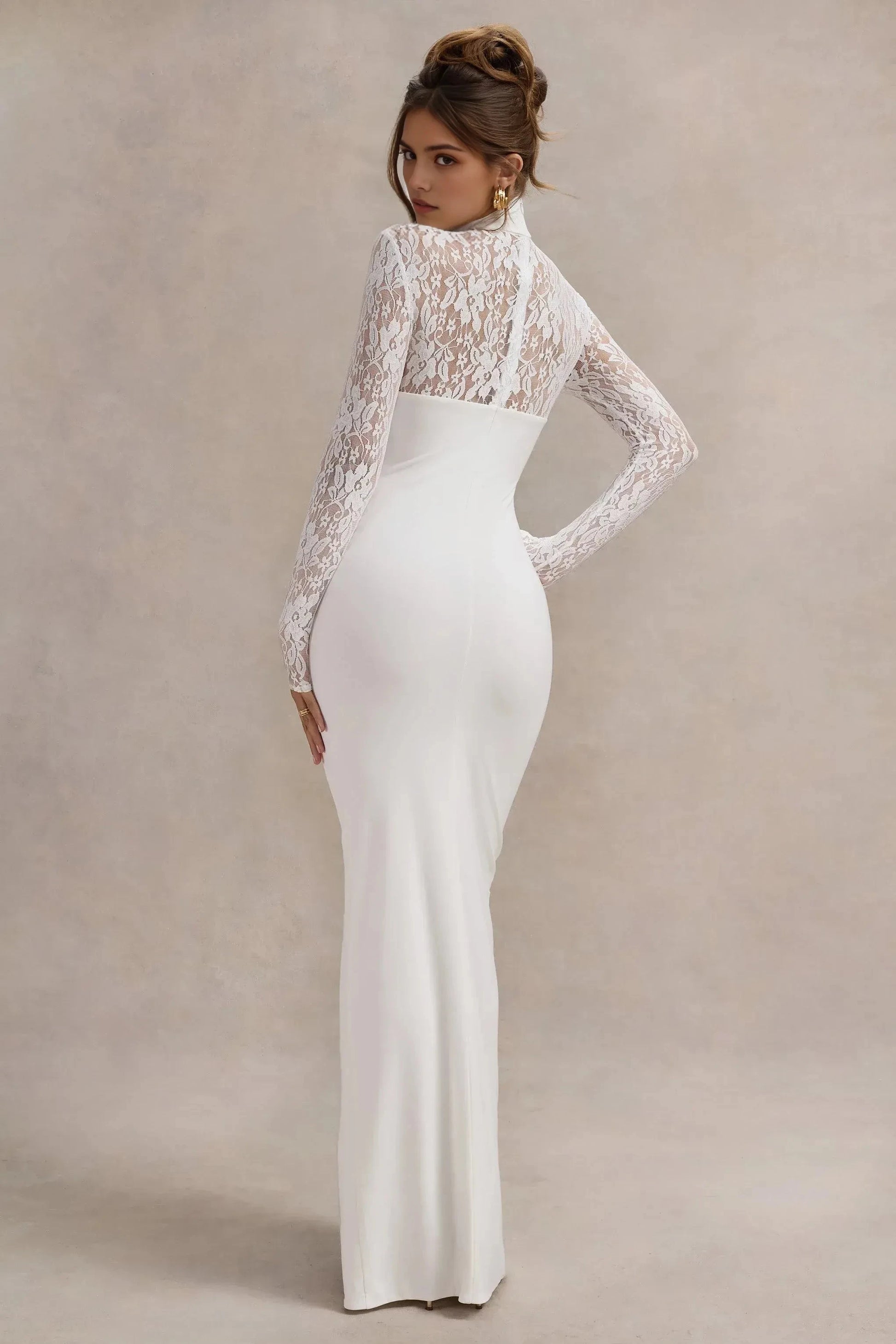 Daring Mermaid Mock Neck Lace Long Sleeve High Slit Floor Length Prom Dress by YiHuiw