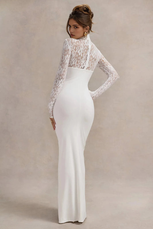 Daring Mermaid Mock Neck Lace Long Sleeve High Slit Floor Length Prom Dress by YiHuiw