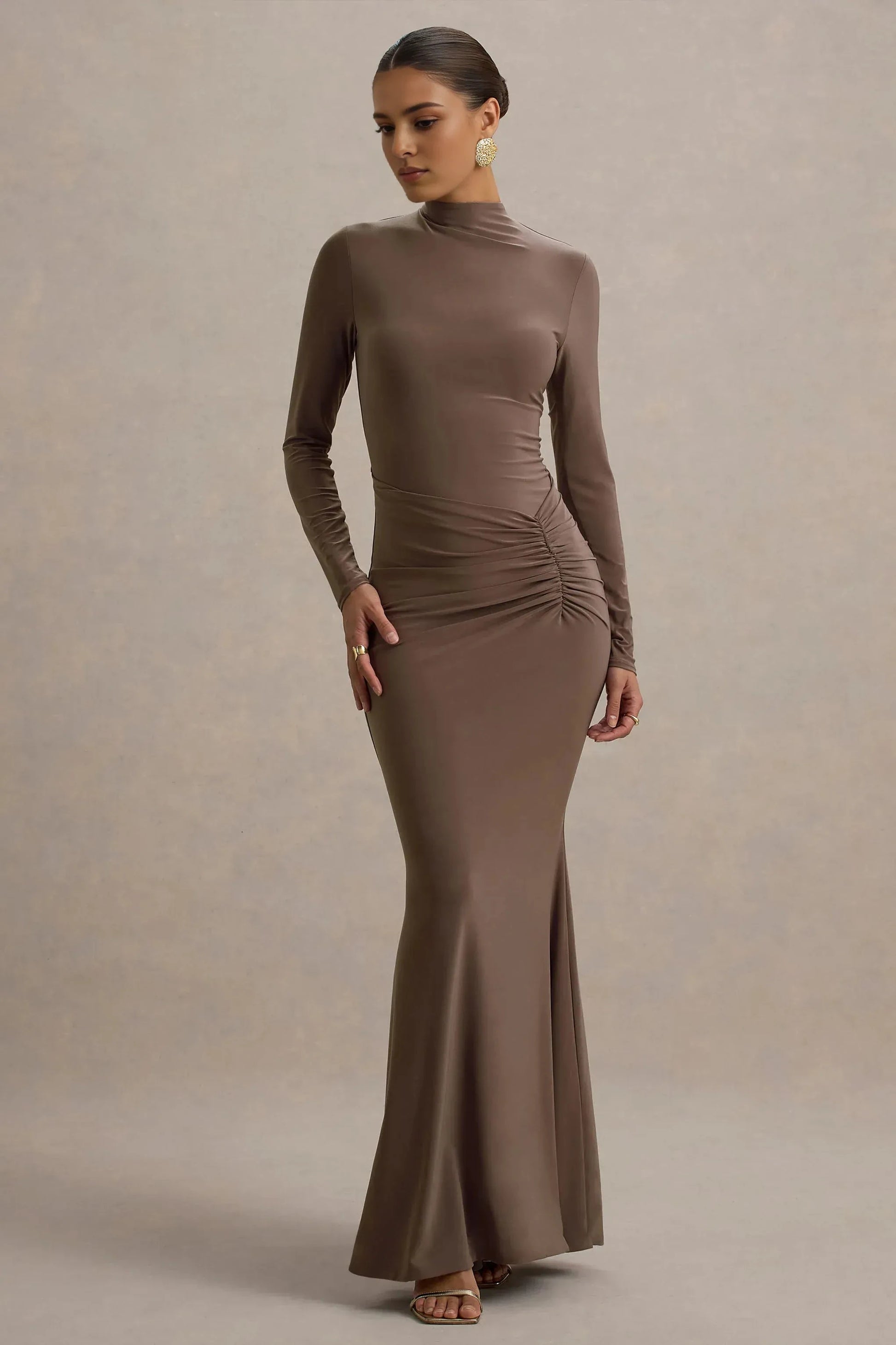 Daring Mermaid Mock Neck Long Sleeve Ruched Floor Length Prom Dress by YiHuiw