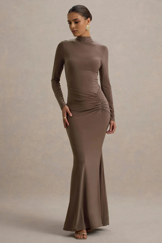 Daring Mermaid Mock Neck Long Sleeve Ruched Floor Length Prom Dress by YiHuiw