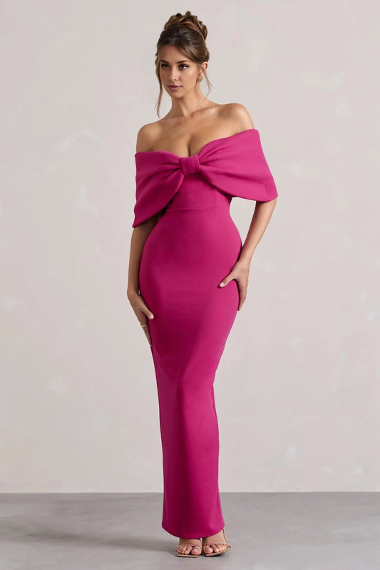Daring Mermaid Off Shoulder Bow Accent Sleeveless High Slit Floor Length Prom Dress by YiHuiw