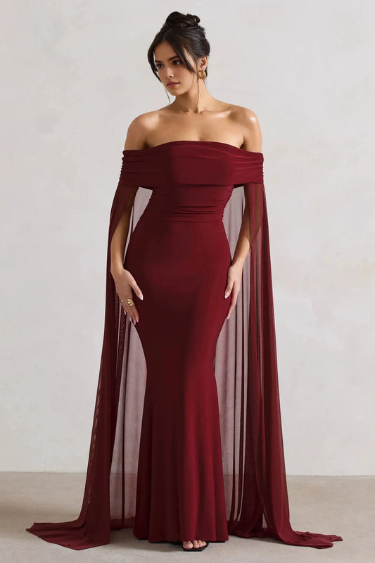 Daring Mermaid Off Shoulder Sheer Cape Sleeve Open Back Floor Length Prom Dress by YiHuiw