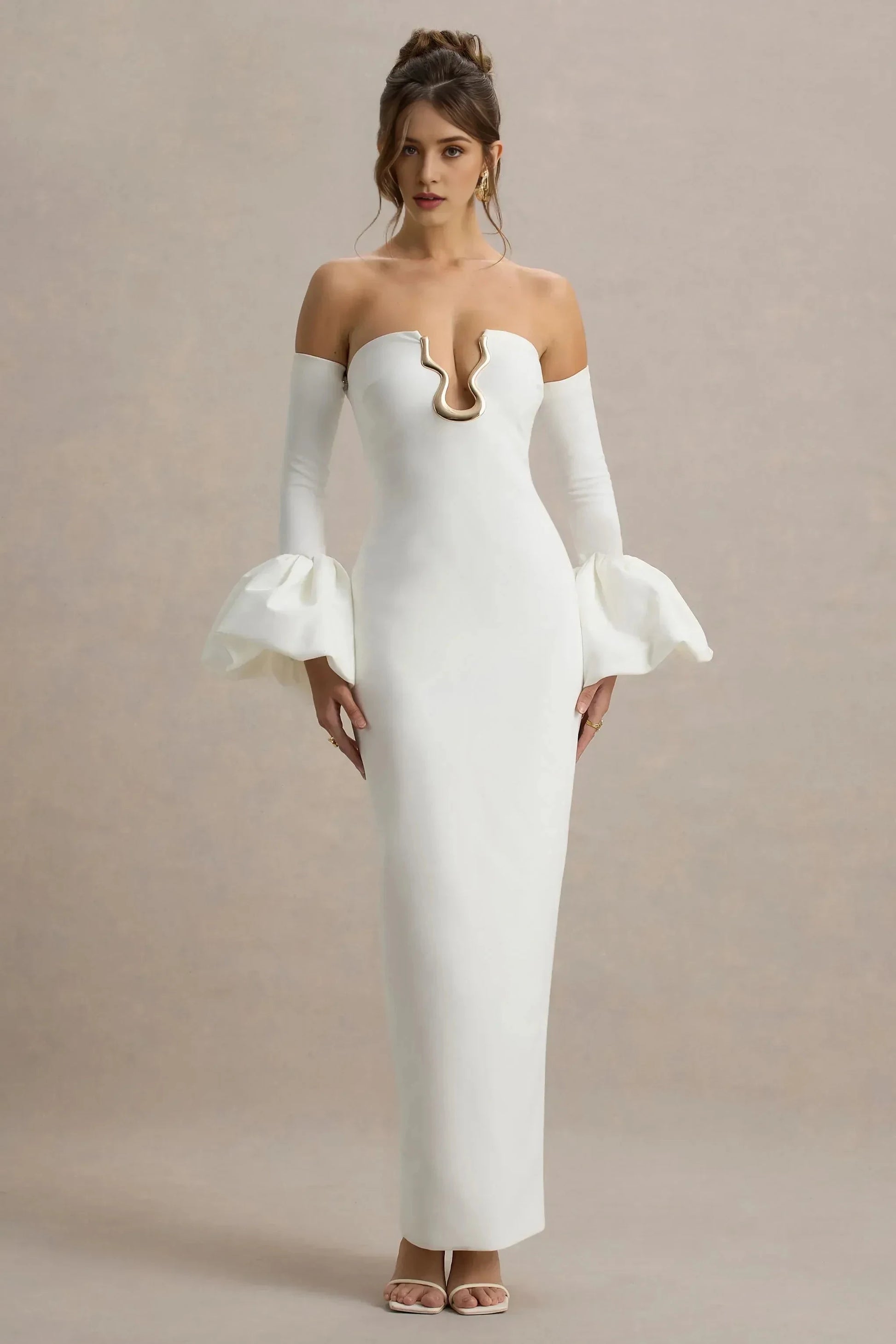 Daring Mermaid Off Shoulder Statement Hardware Bell Sleeve High Slit Floor Length Prom Dress by YiHuiw