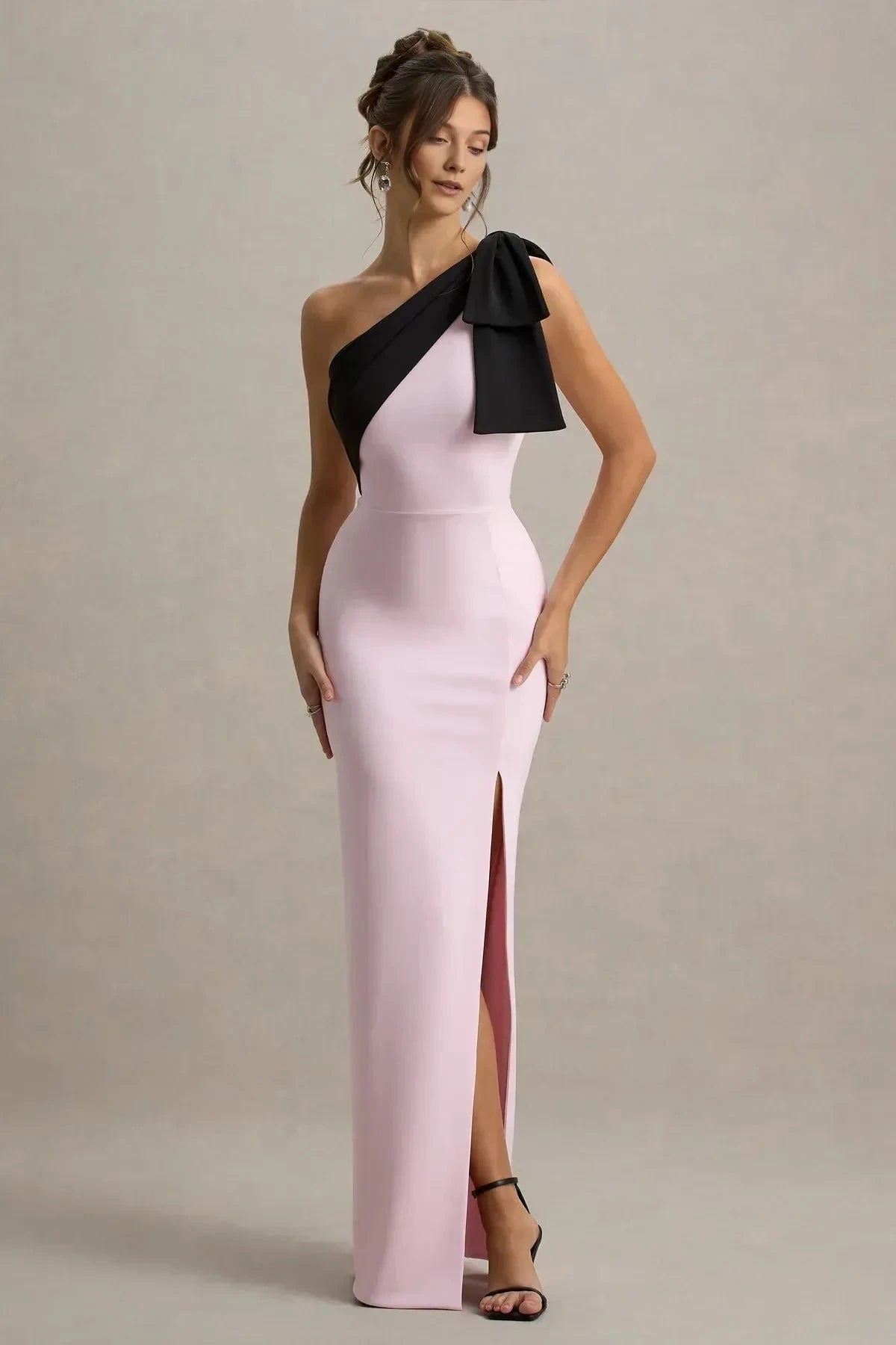 Daring Mermaid One Shoulder Bow Accent Sleeveless High Slit Floor Length Prom Dress by YiHuiw