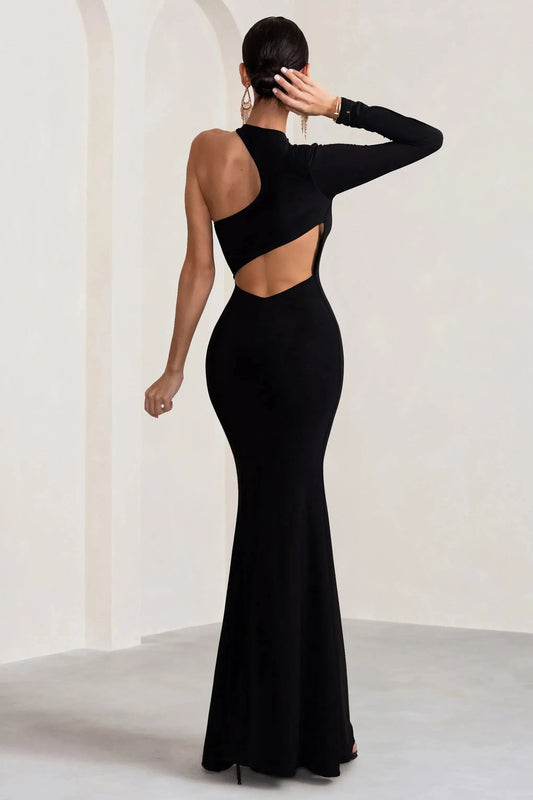 Daring Mermaid One Shoulder Cutout Accent Long Sleeve Open Back Floor Length Prom Dress by YiHuiw
