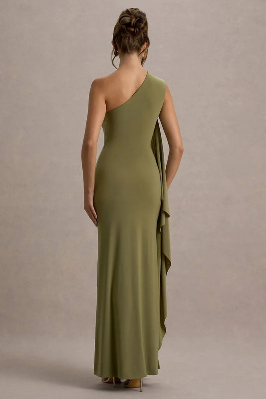 Daring Mermaid One Shoulder Draped Accent Sleeveless Floor Length Prom Dress by YiHuiw