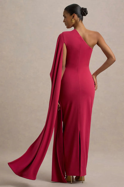 Daring Mermaid One Shoulder Draped Cape Sleeve High Slit Floor Length Prom Dress by YiHuiw