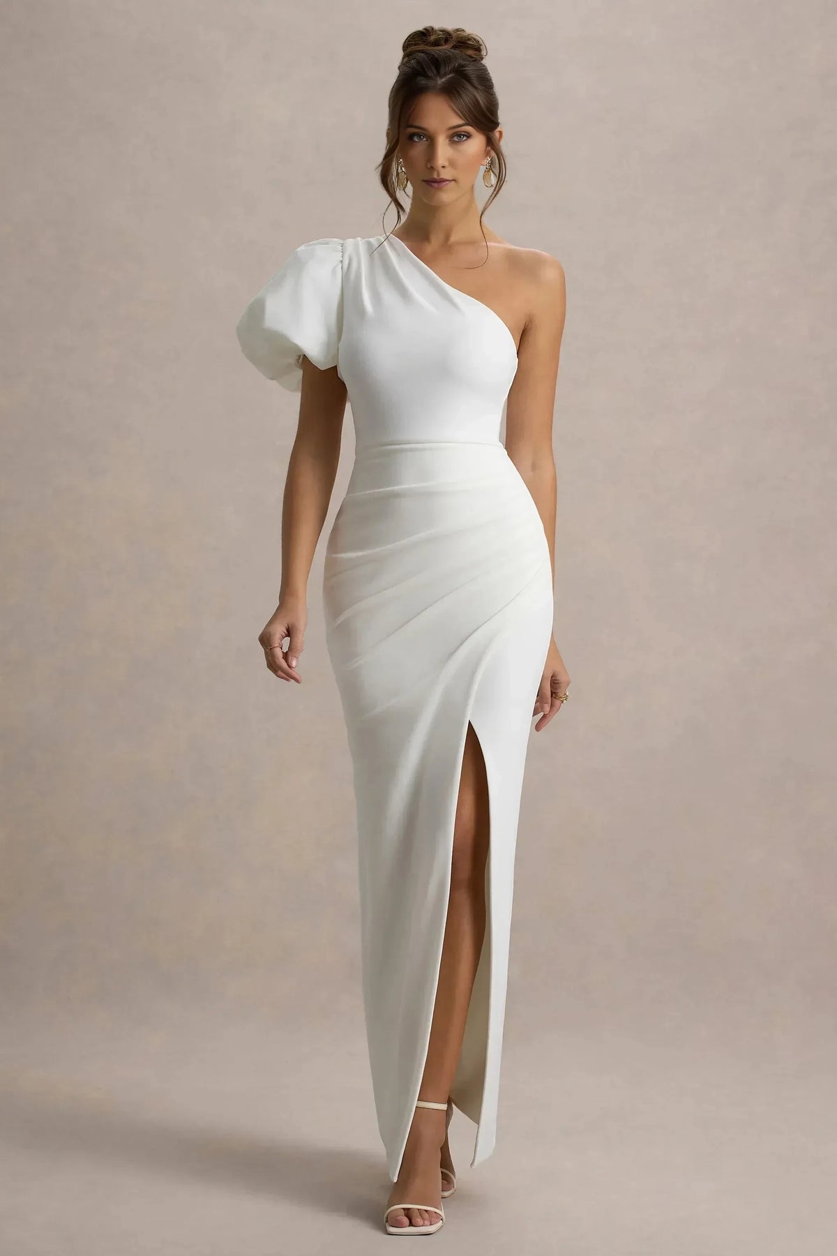 Daring Mermaid One Shoulder Puff Sleeve Ruched High Slit Floor Length Prom Dress by YiHuiw