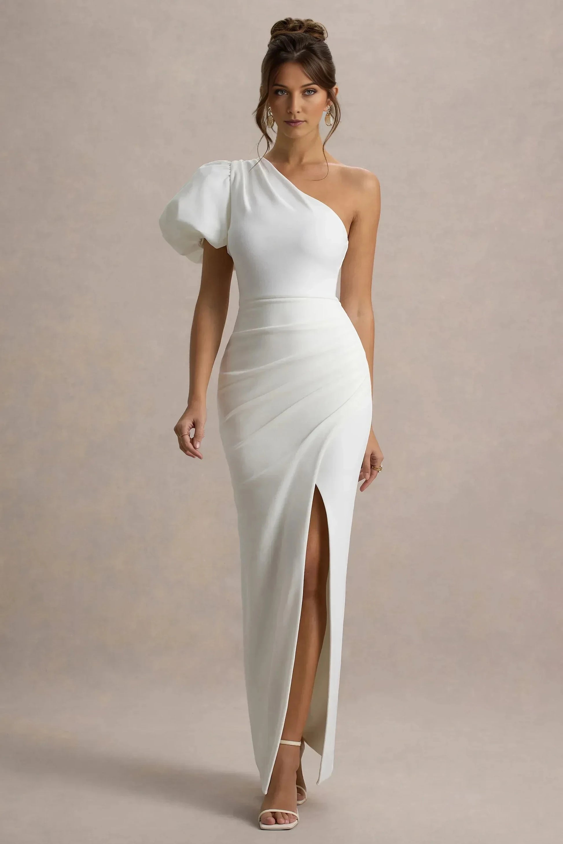 Daring Mermaid One Shoulder Puff Sleeve Ruched High Slit Floor Length Prom Dress by YiHuiw