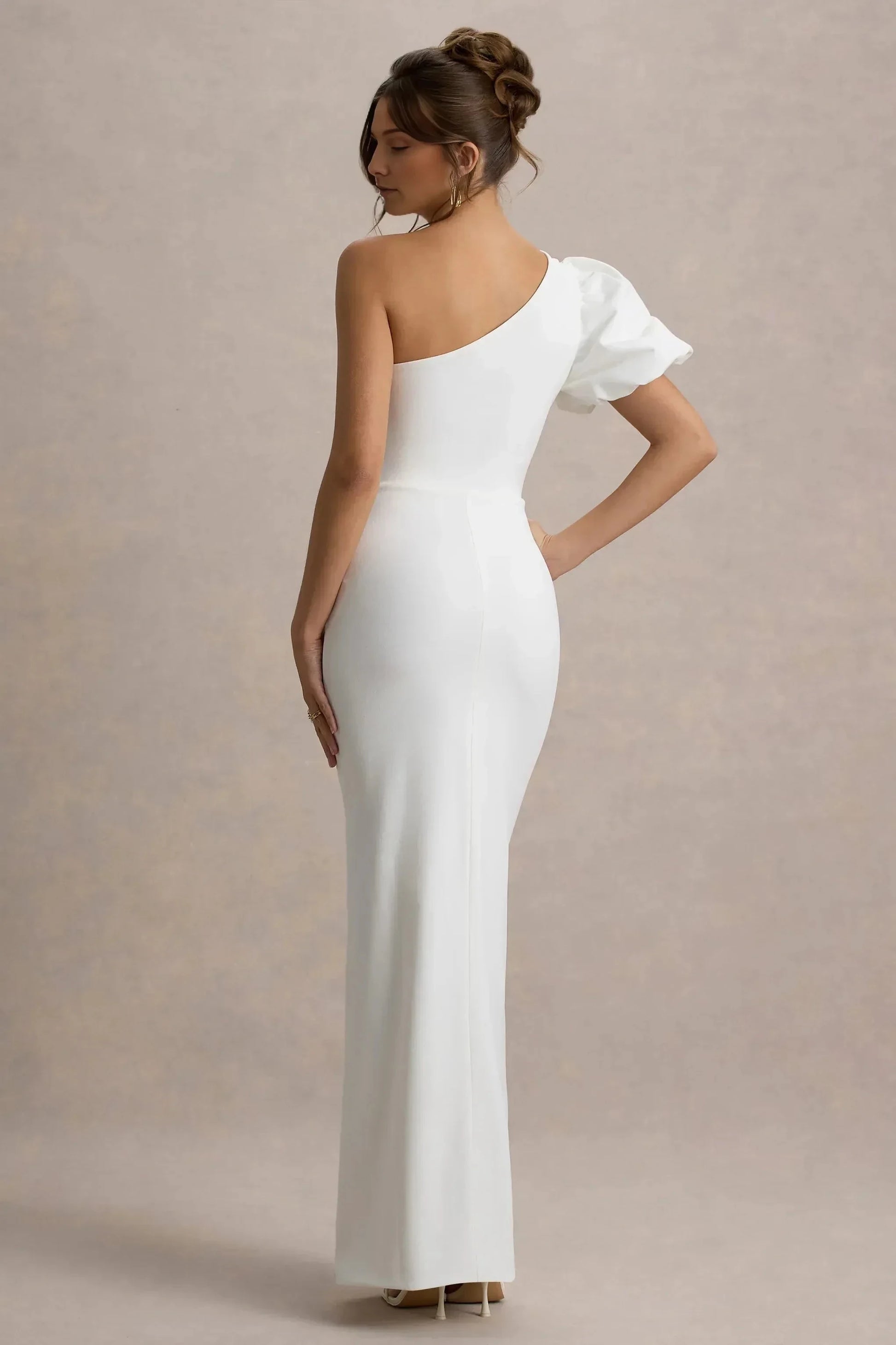 Daring Mermaid One Shoulder Puff Sleeve Ruched High Slit Floor Length Prom Dress by YiHuiw