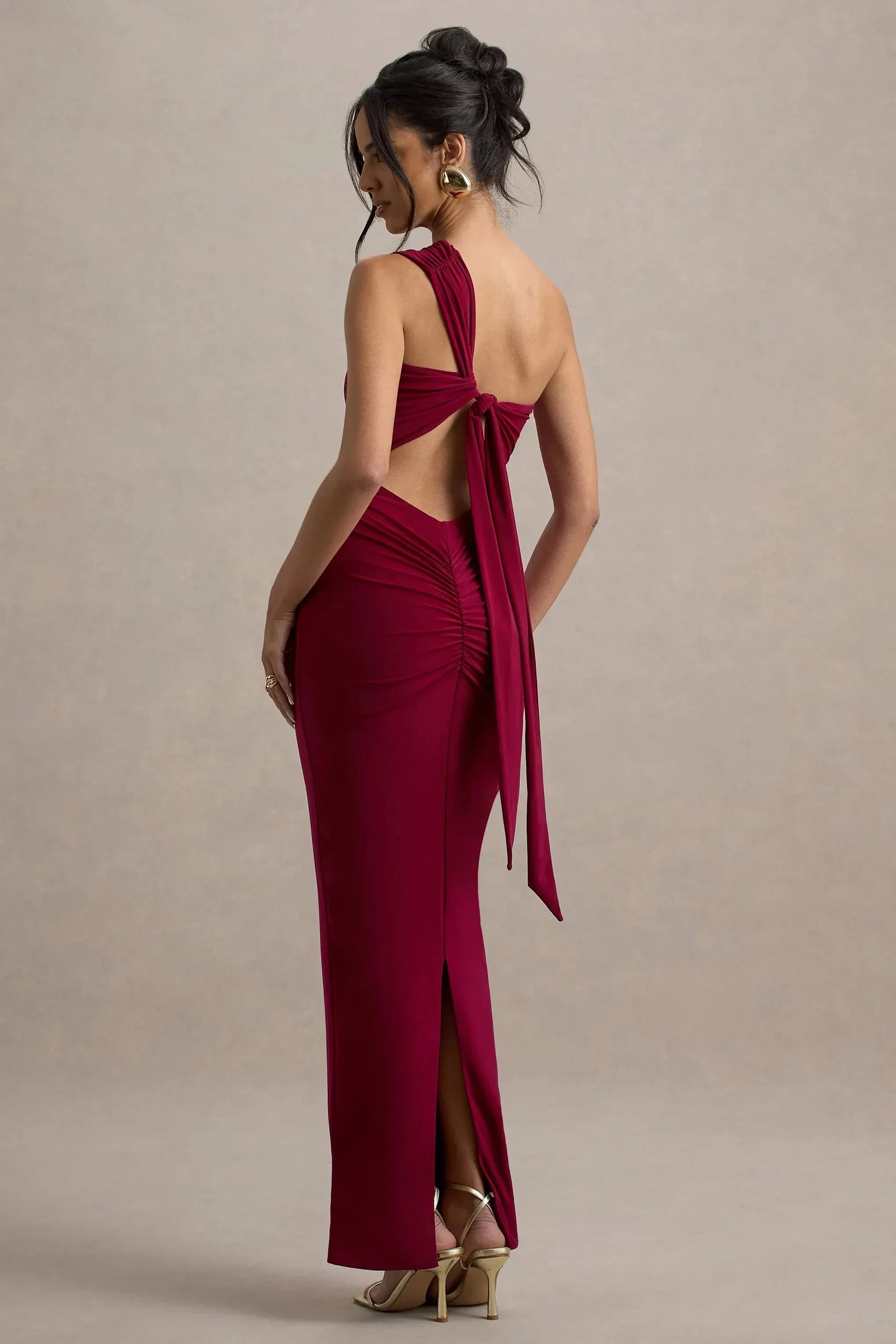 Daring Mermaid One Shoulder Ruched Knot Accent Open Back Floor Length Prom Dress by YiHuiw