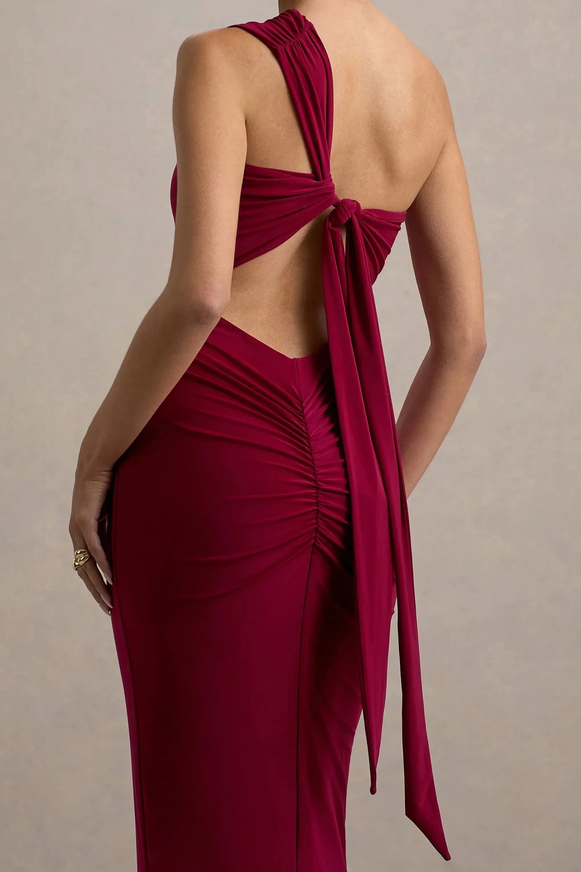 Daring Mermaid One Shoulder Ruched Knot Accent Open Back Floor Length Prom Dress by YiHuiw