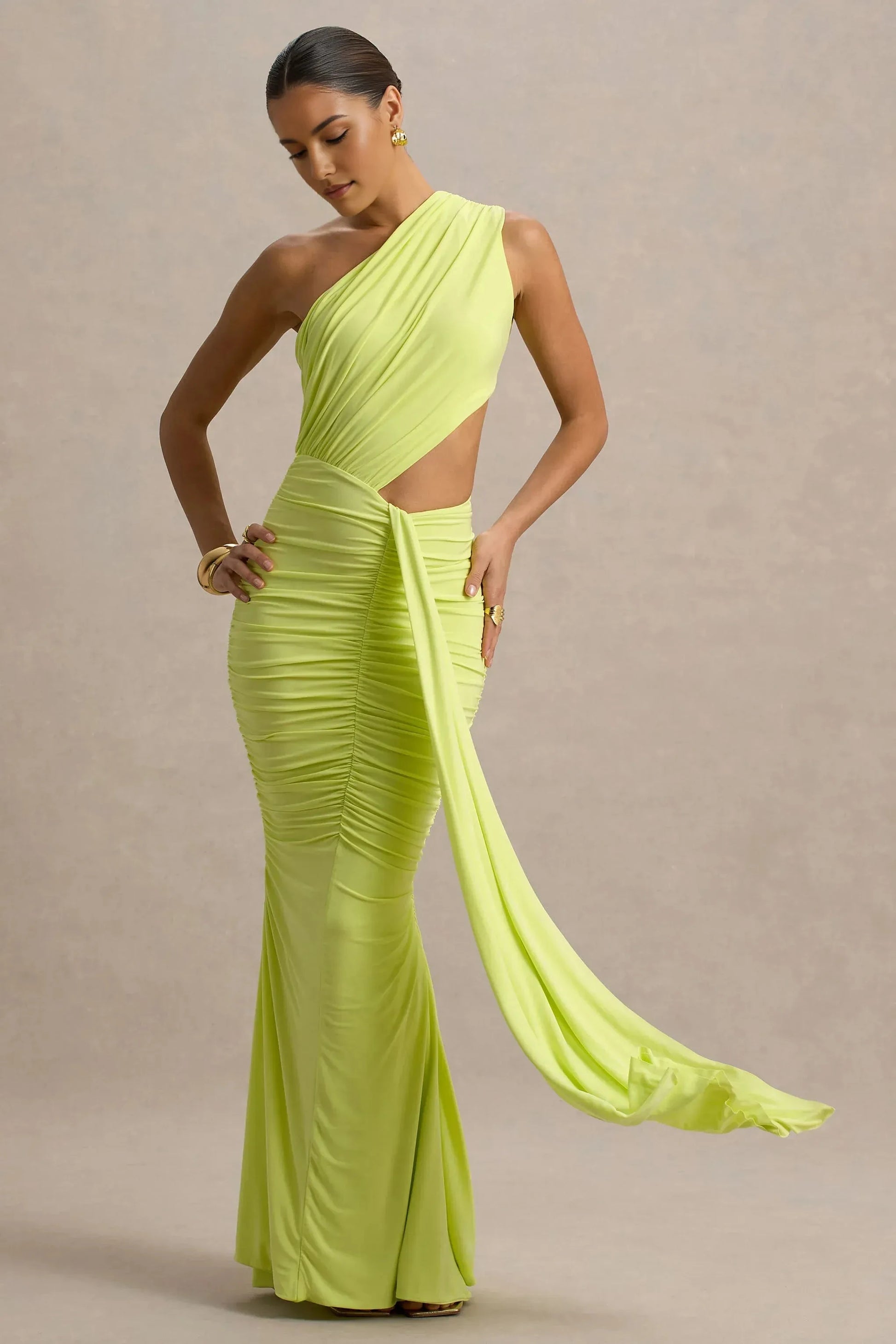 Daring Mermaid One Shoulder Sleeveless Cutout Ruched Plus Size Floor Length Evening Dress by YiHuiw