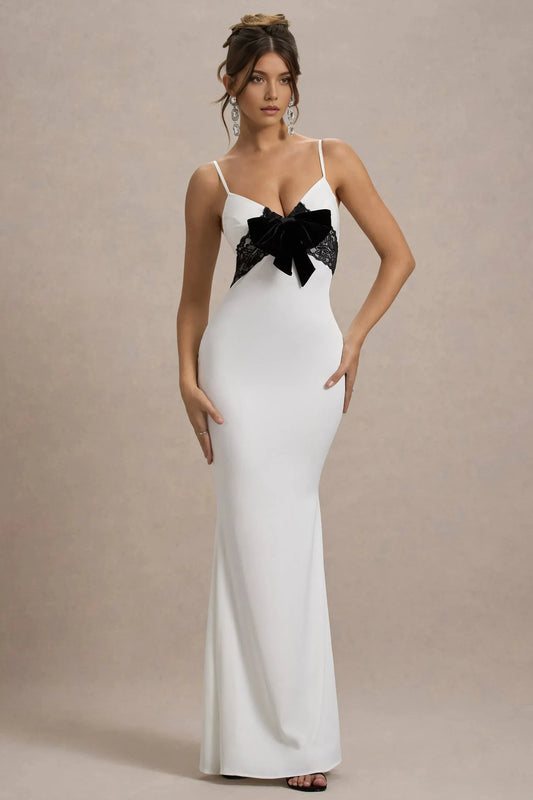 Daring Mermaid Plunge Neck Sleeveless Bow Lace Accent Floor Length Prom Dress by YiHuiw