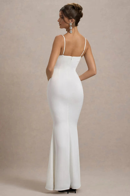 Daring Mermaid Plunge Neck Sleeveless Bow Lace Accent Floor Length Prom Dress by YiHuiw