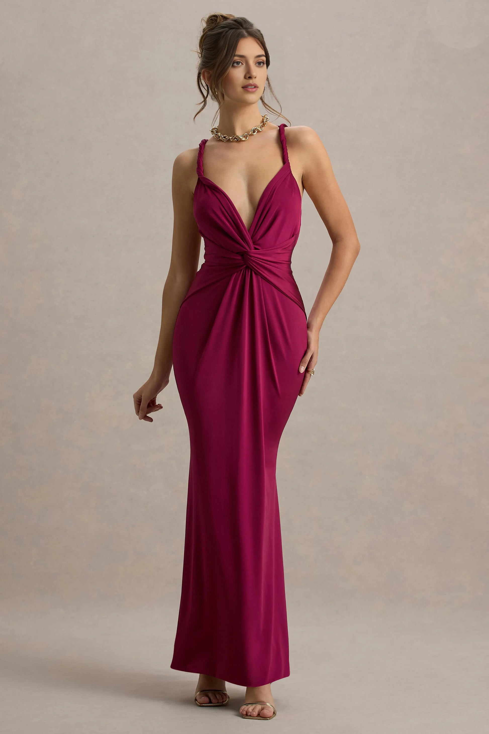 Daring Mermaid Plunge Neck Sleeveless Twist Strap Crisscross Back Floor Length Prom Dress by YiHuiw