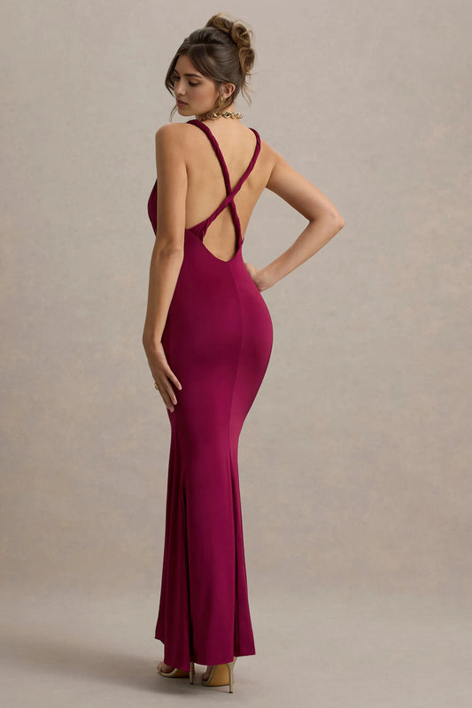 Daring Mermaid Plunge Neck Sleeveless Twist Strap Crisscross Back Floor Length Prom Dress by YiHuiw