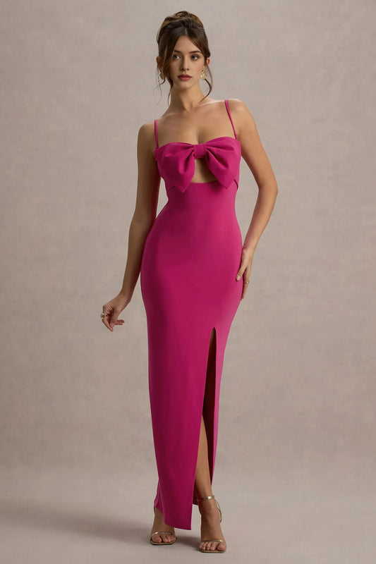 Daring Mermaid Spaghetti Strap Bow Accent Sleeveless High Slit Floor Length Prom Dress by YiHuiw