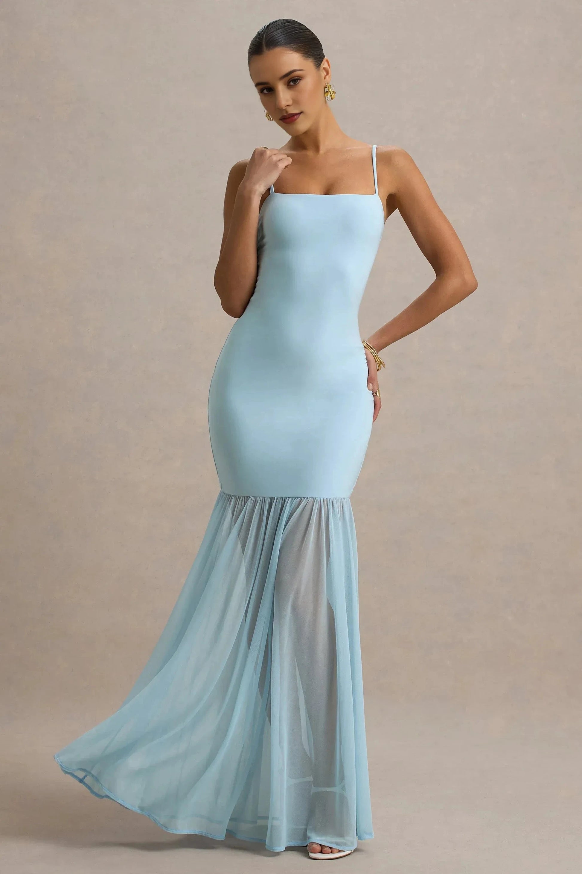 Daring Mermaid Square Neck Sleeveless Sheer Mermaid Skirt Floor Length Prom Dress by YiHuiw