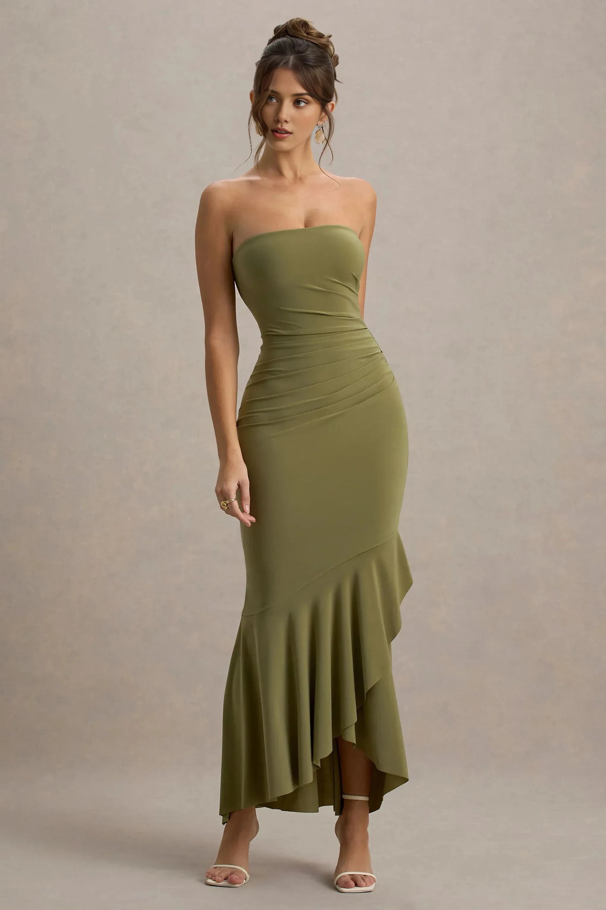 Daring Mermaid Strapless Sleeveless Ruched Asymmetrical Hem Floor Length Prom Dress by YiHuiw