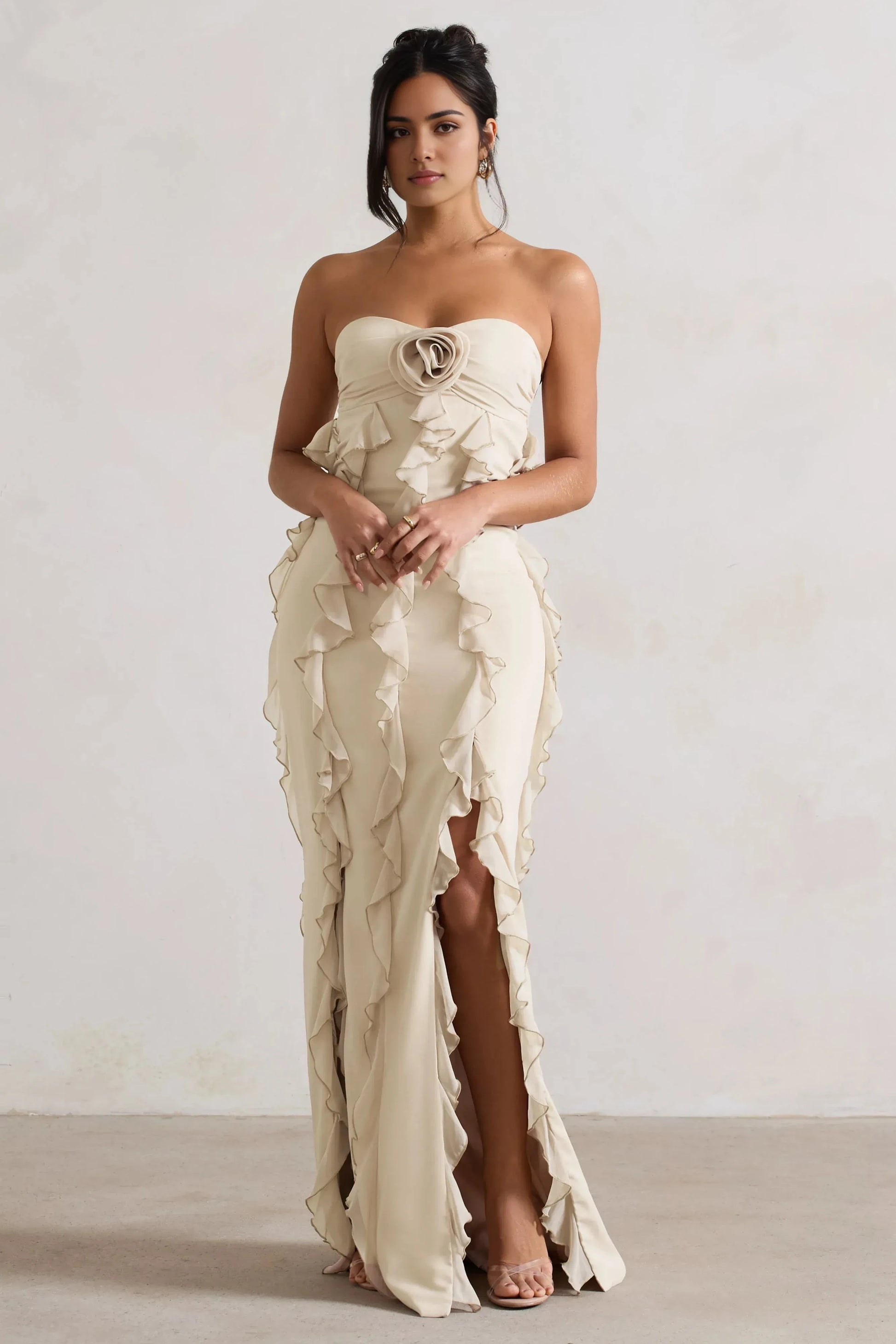 Daring Mermaid Strapless Sleeveless Ruffle Accent Side Slit Plus Size Floor Length Evening Dress by YiHuiw