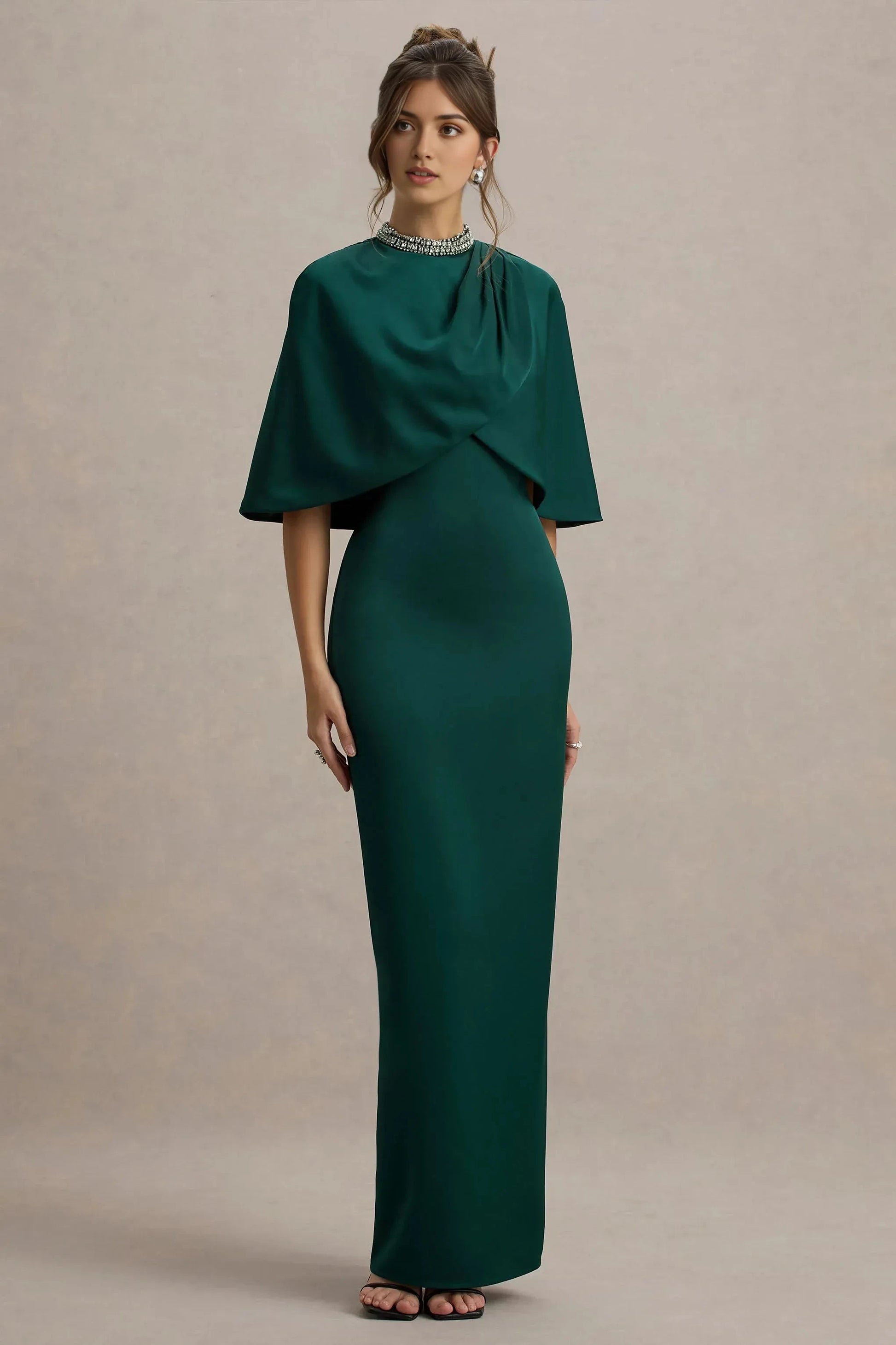 Daring Sheath High Neck Cape Sleeve Beaded Back Slit Floor Length Prom Dress by YiHuiw