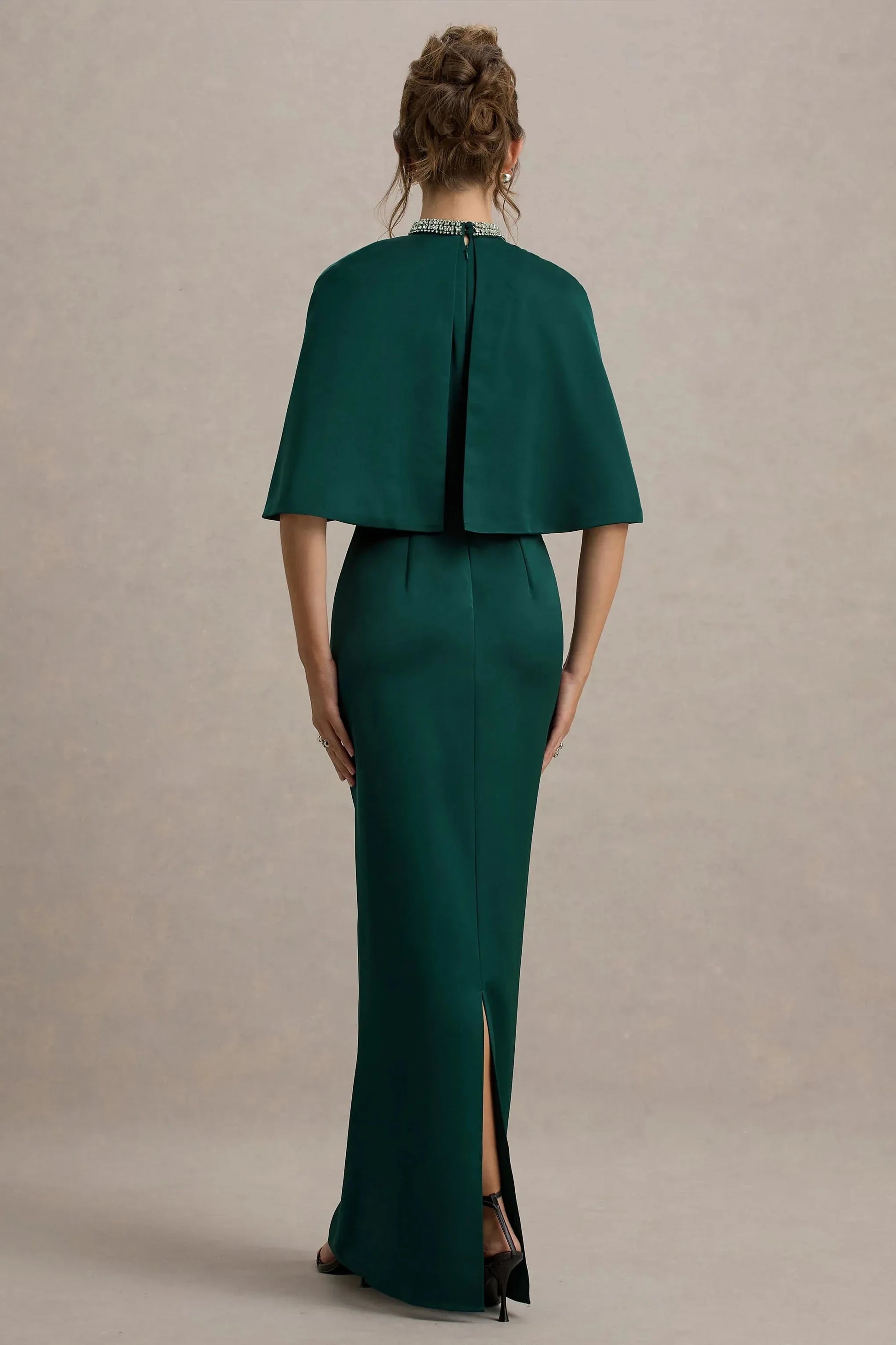 Daring Sheath High Neck Cape Sleeve Beaded Back Slit Floor Length Prom Dress by YiHuiw