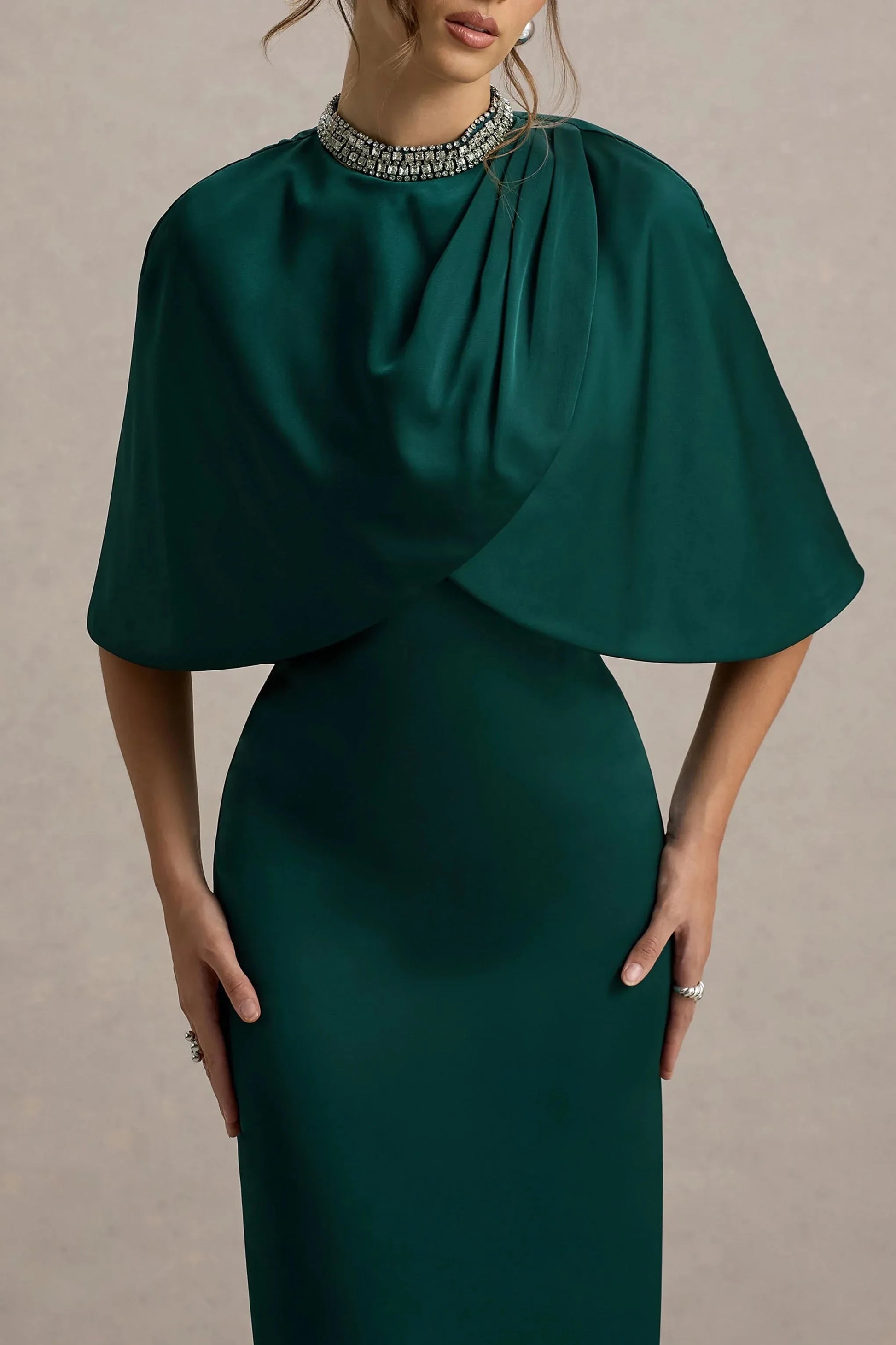 Daring Sheath High Neck Cape Sleeve Beaded Back Slit Floor Length Prom Dress by YiHuiw