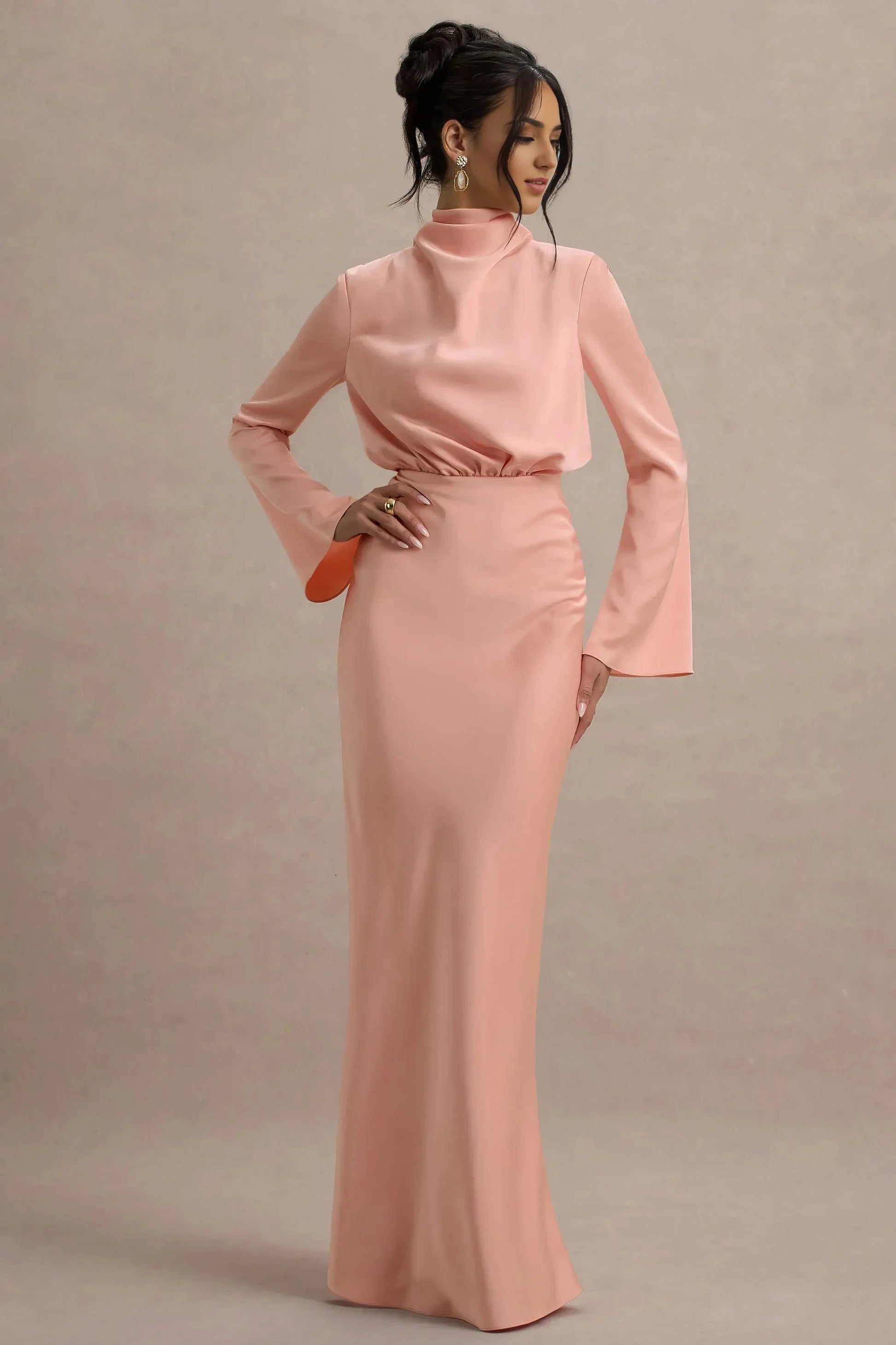 Daring Sheath Mock Neck Bell Sleeve Tie Back Plus Size Floor Length Evening Dress by YiHuiw