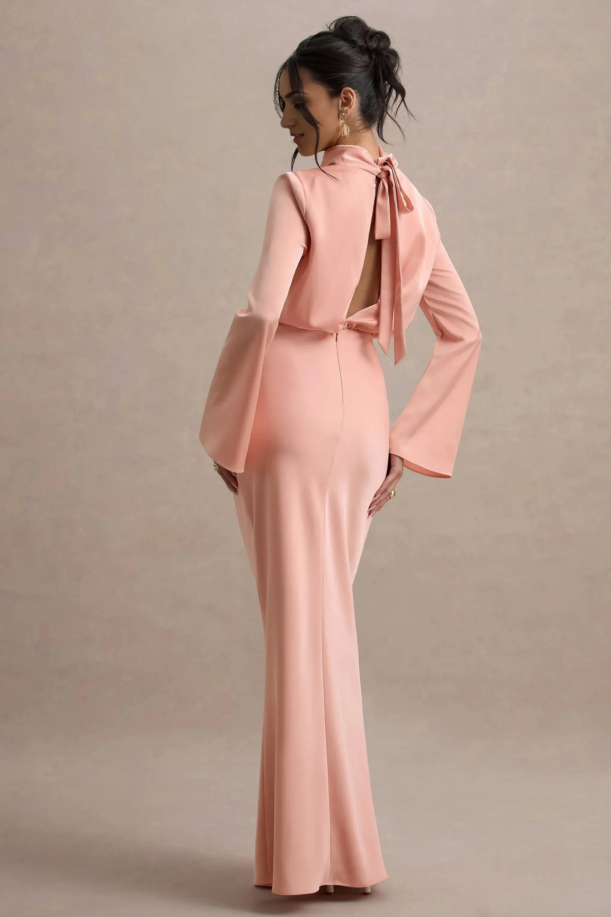 Daring Sheath Mock Neck Bell Sleeve Tie Back Plus Size Floor Length Evening Dress by YiHuiw